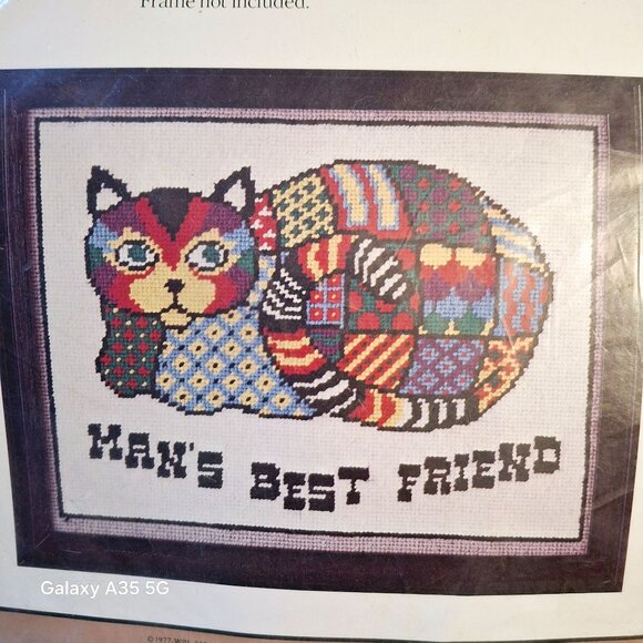 Caron Needlepoint Kit Calico Cat 14" X 11" 100% Cotton Canvas & Acrylic Yarn Com - Picture 2 of 4